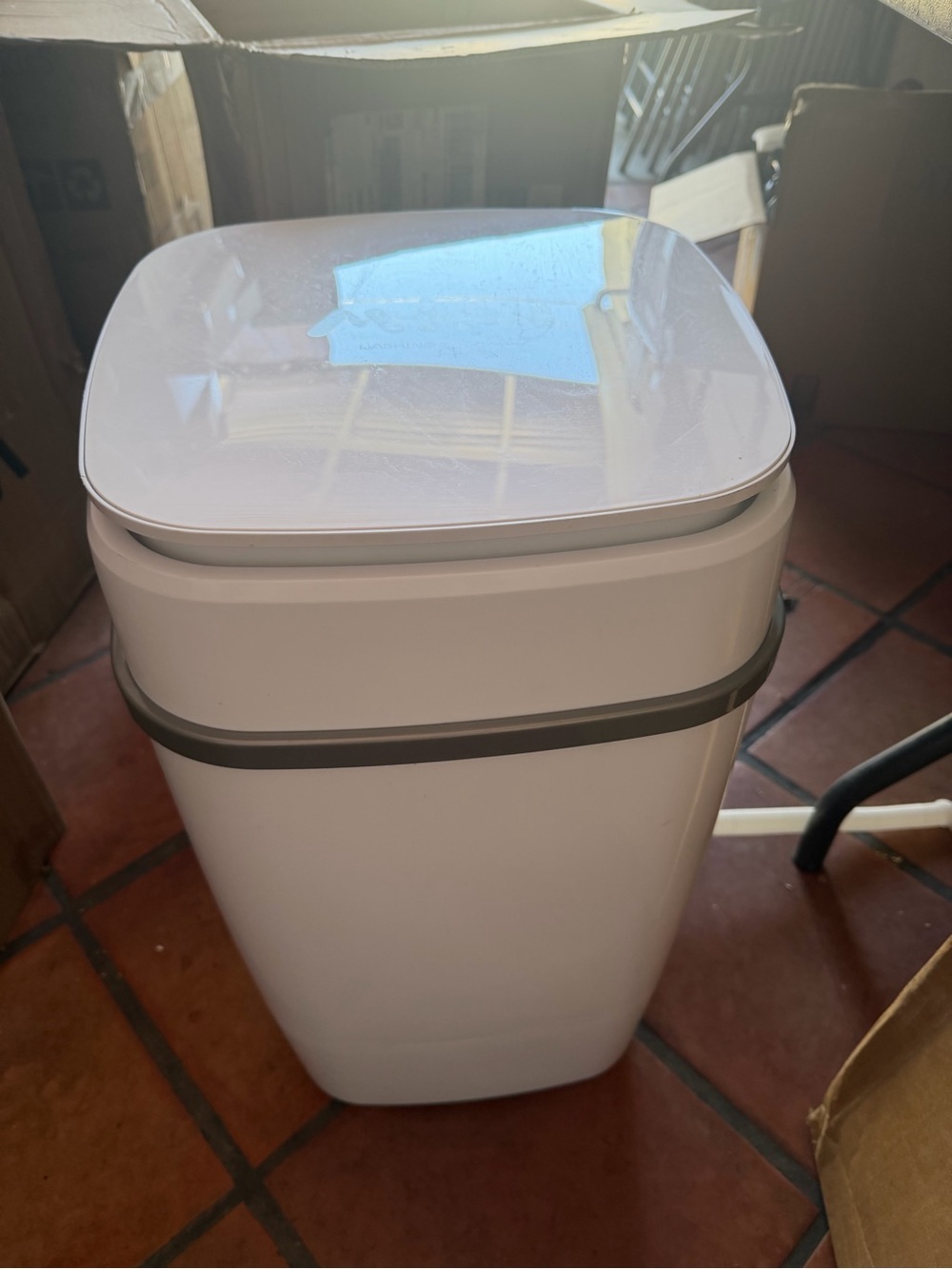 White Electronic Touch Trash Can with Gray Trim